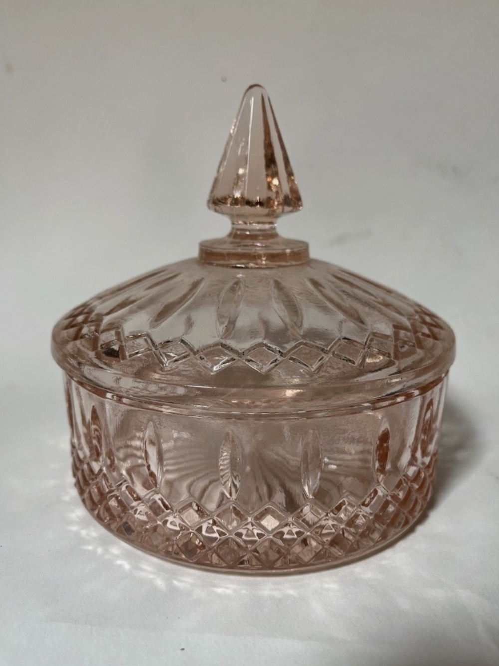 Vintage Indiana Glass Diamond Princess Cut Pattern Pink Covered Candy Dish 1960s